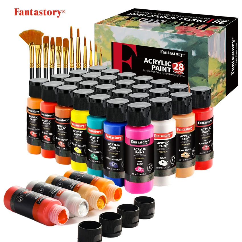 Fantastory 28 Colors Acrylic Paint Set With 12 Brushes