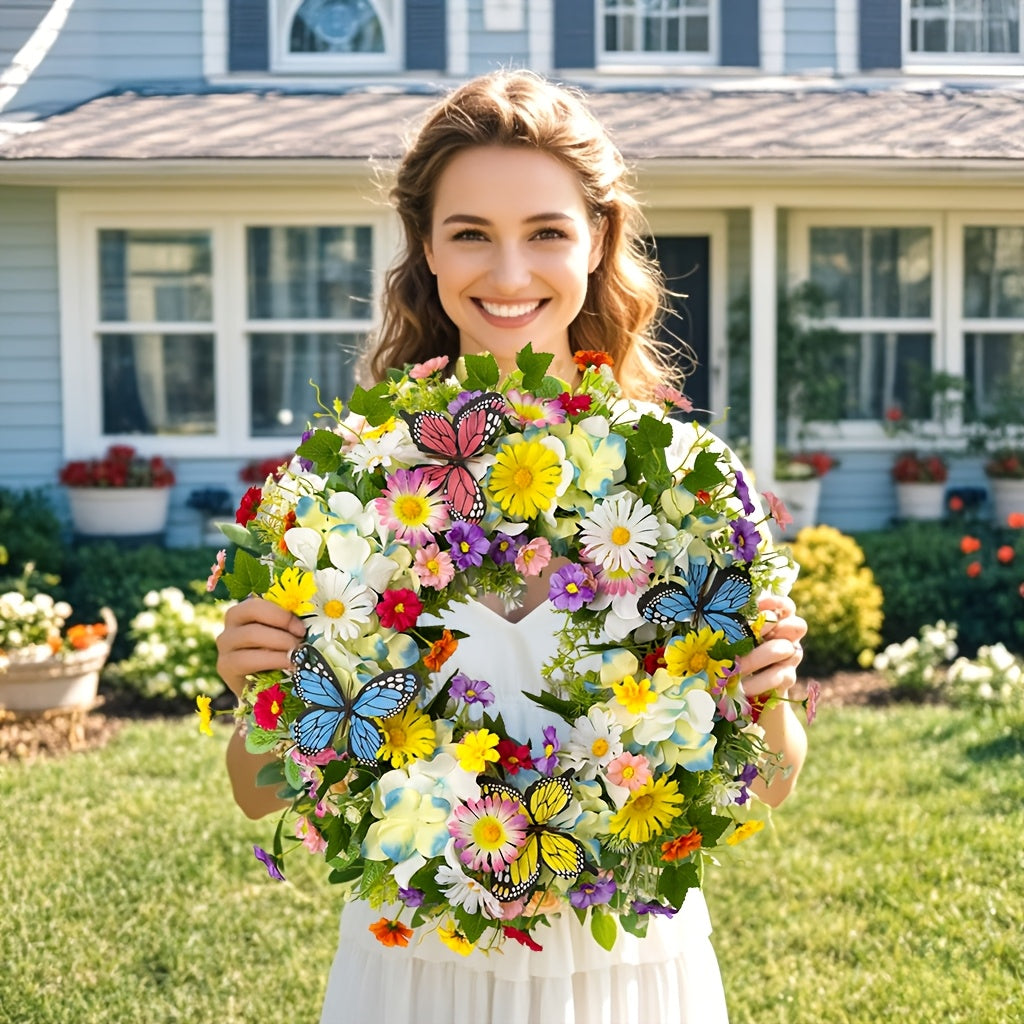 Artificial Daisy And Hydrangea Wreath With Butterflies Front Door Decor