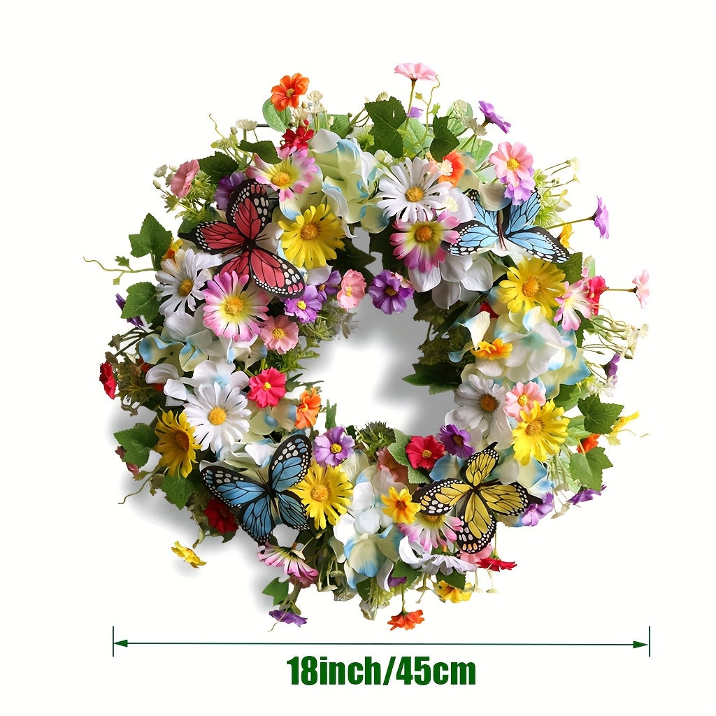 Artificial Daisy And Hydrangea Wreath With Butterflies Front Door Decor
