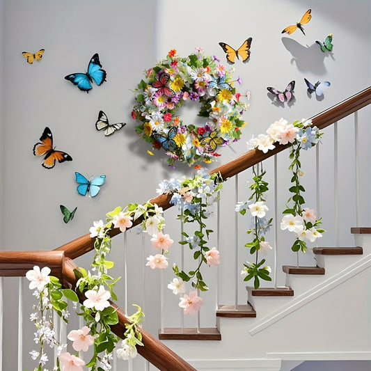 Artificial Daisy And Hydrangea Wreath With Butterflies Front Door Decor