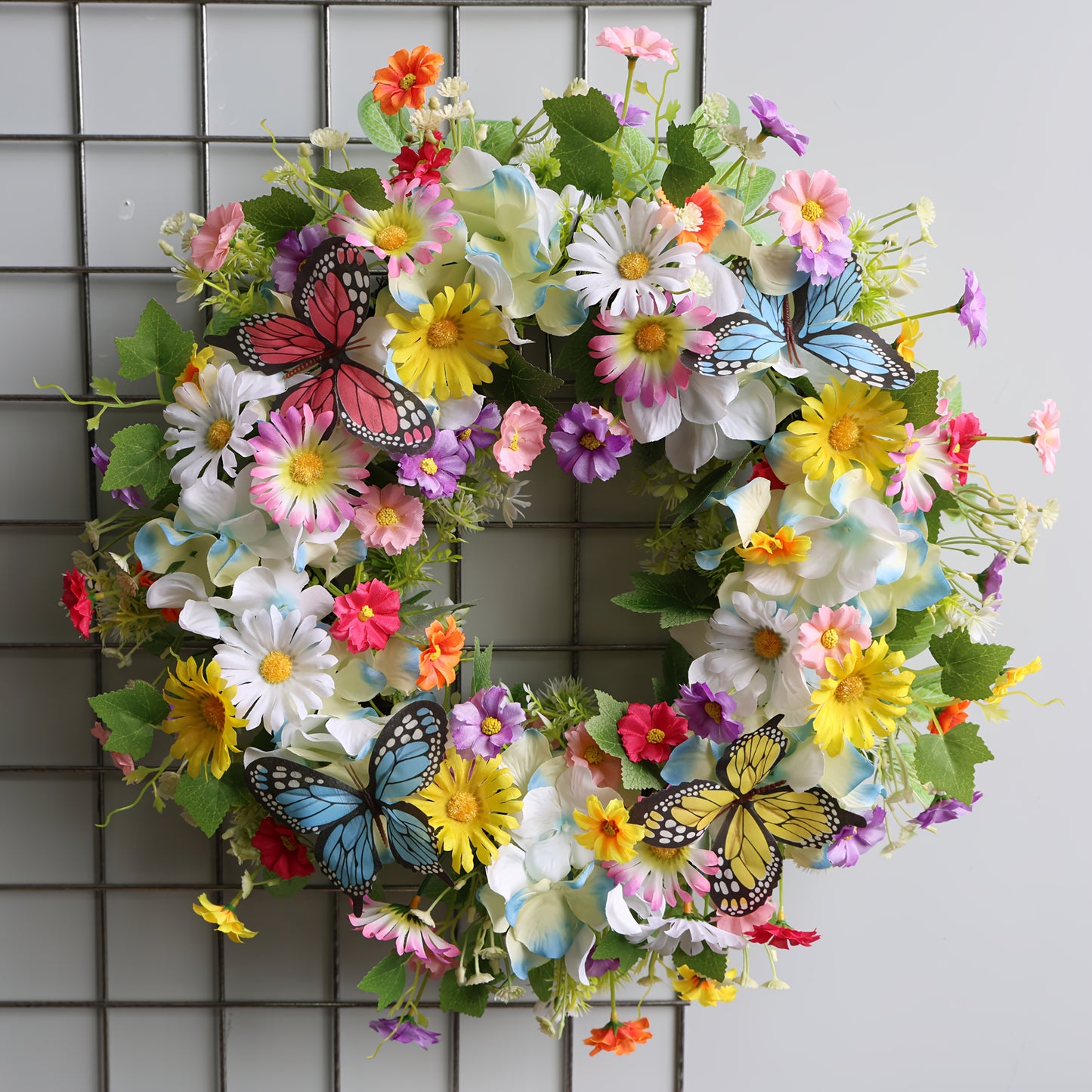 Artificial Daisy And Hydrangea Wreath With Butterflies Front Door Decor