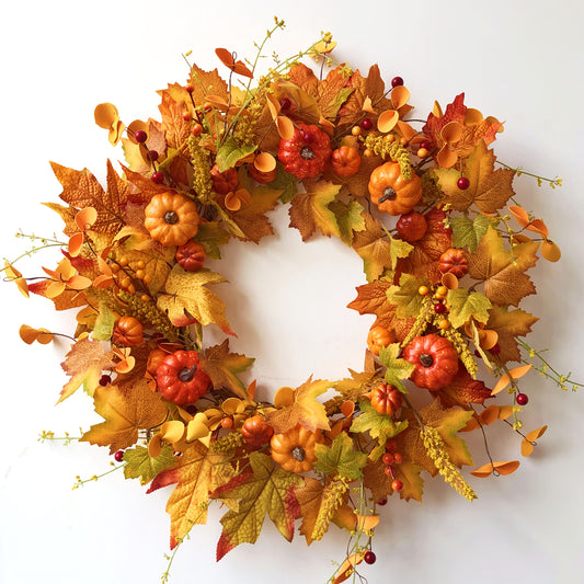 Autumn Harvest Wreath Realistic Pumpkin and Berry Leaves