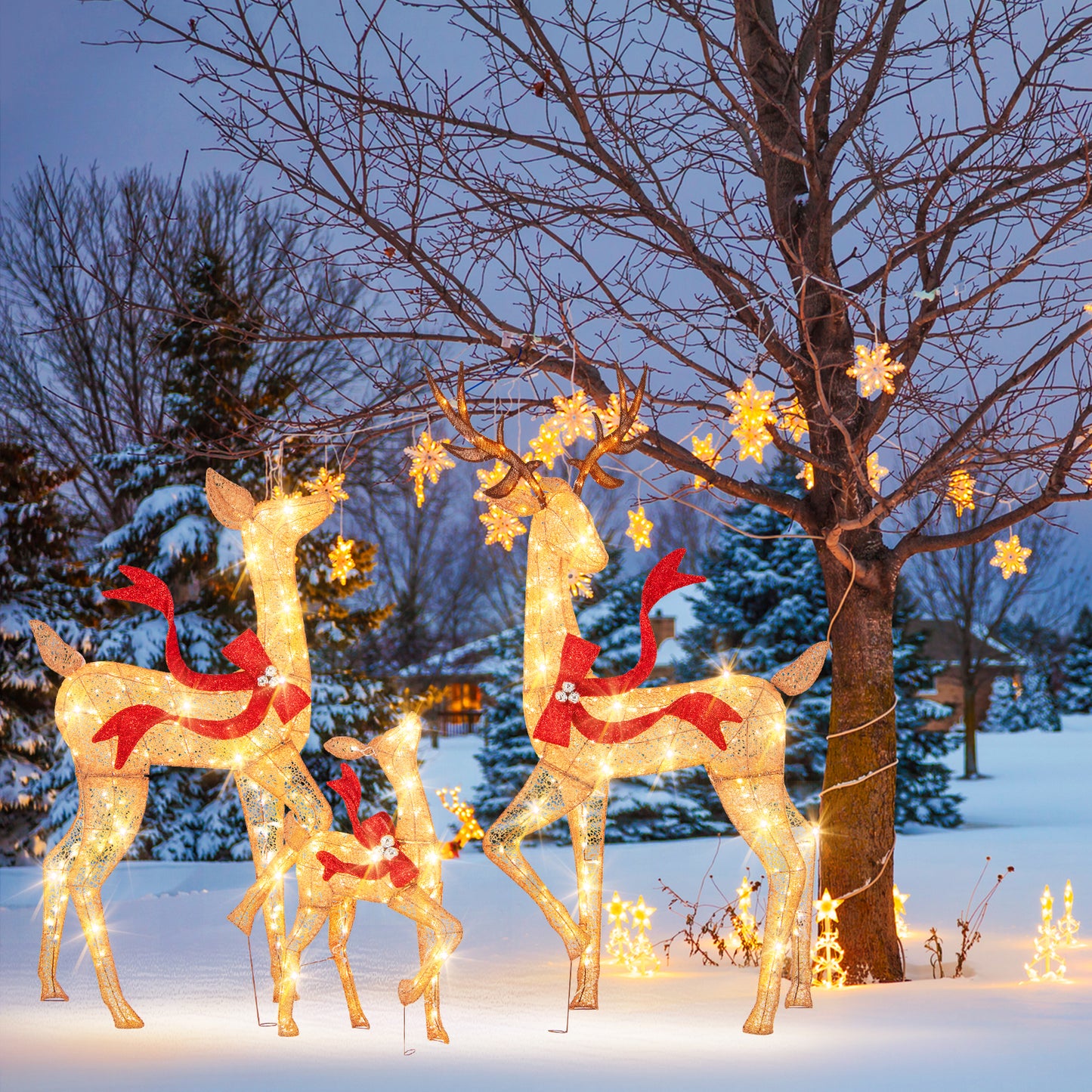 COSTWAY 3 Piece Deer Family Christmas Lighted Reindeer Set
