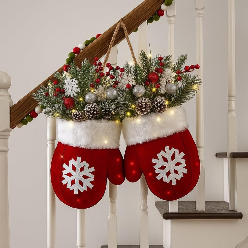 Luckcia Christmas Mitten Wreath With LED Lights Timer