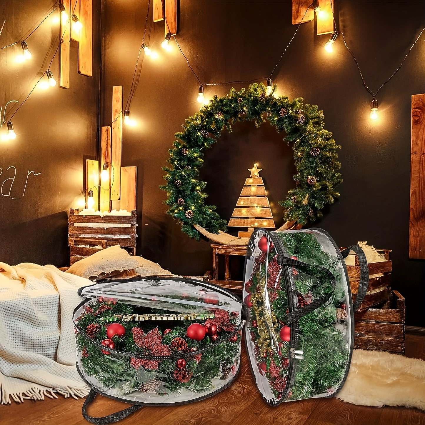 PVC Wreath Storage Bags 4 Pack With Handles Seasonal Christmas
