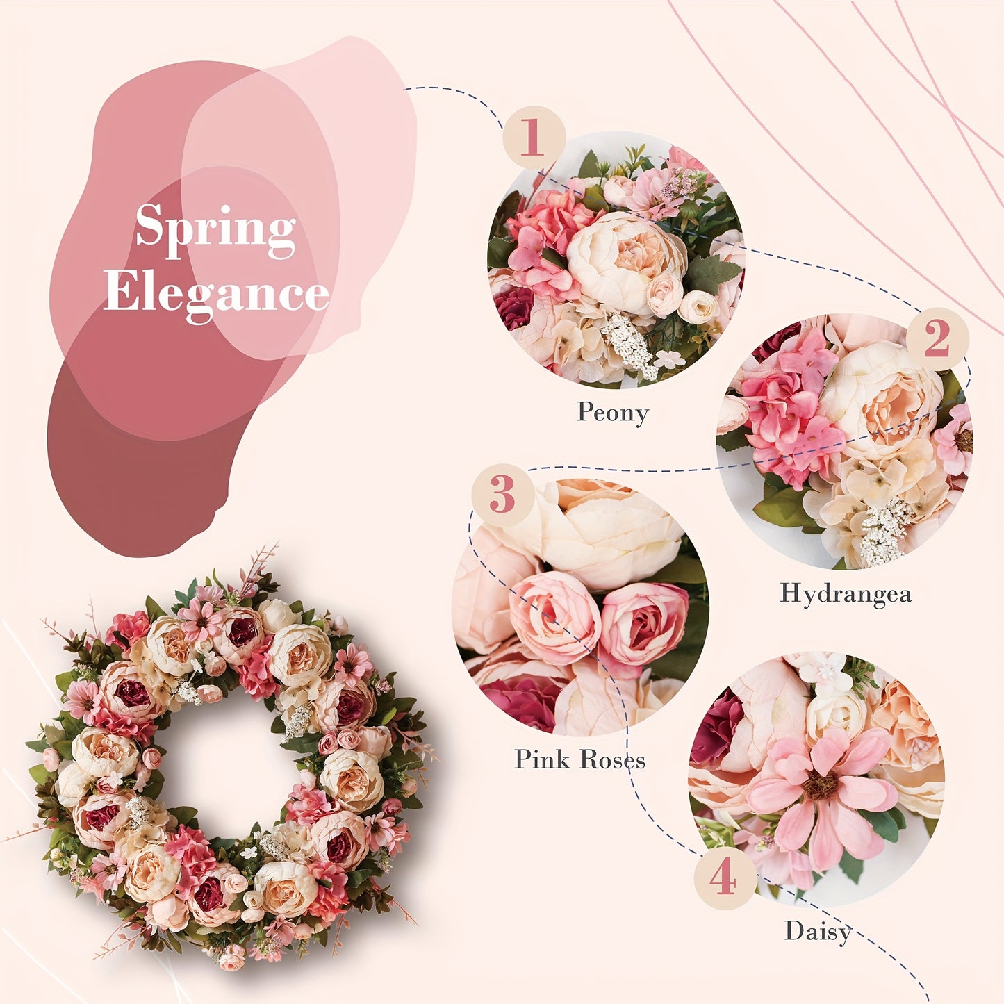 Peony Wreath Floral Artificial Front Door Decor Home Accent