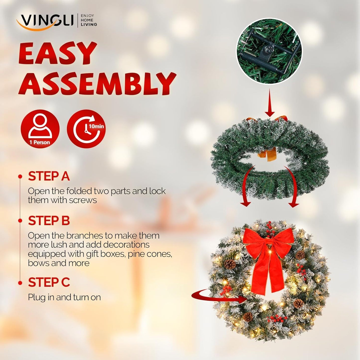 LEADZM Prelit Christmas Wreath 100 LED Lights Modern Decor