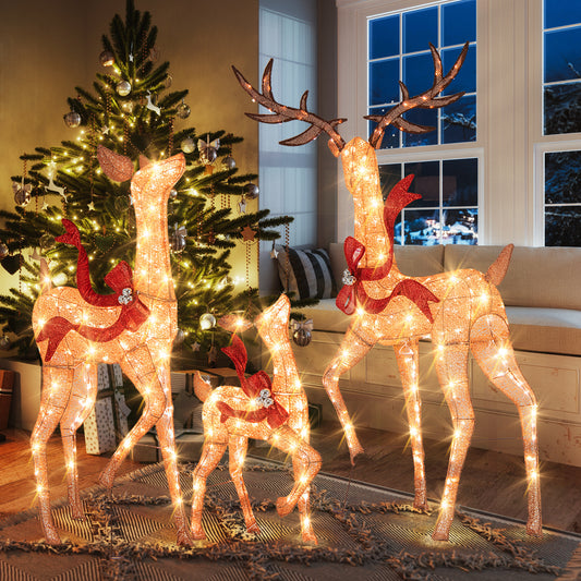 COSTWAY 3 Piece Deer Family Christmas Lighted Reindeer Set