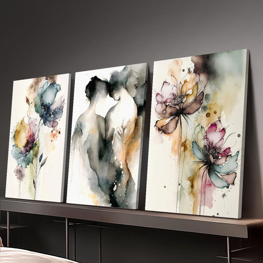 Wood Frame Canvas Print Set Romantic Couple Watercolor Art