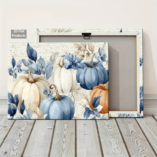 2D Flat A Single Flat Wooden Frame in 2D, Affordable And Colorful Wall Decor Featuring Watercolor Pumpkins And Blue Foliage, Suitable for Birthday Presents, Halloween, And Labor Day. This Modern Minimalist Artwork Is Perfect