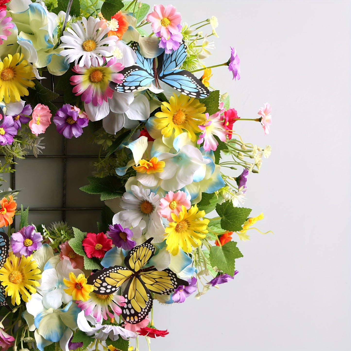 Artificial Daisy And Hydrangea Wreath With Butterflies Front Door Decor