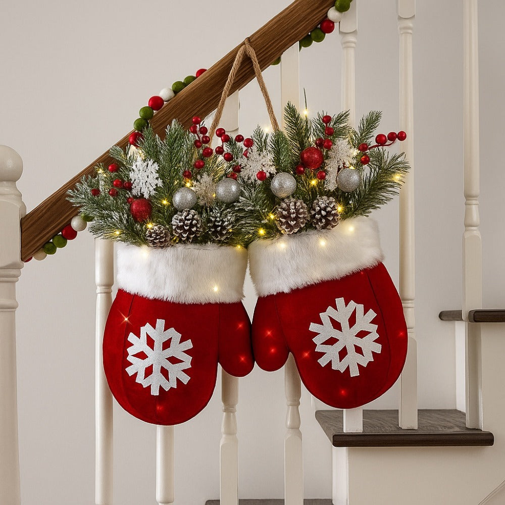 Luckcia Christmas Mitten Wreath With LED Lights Timer