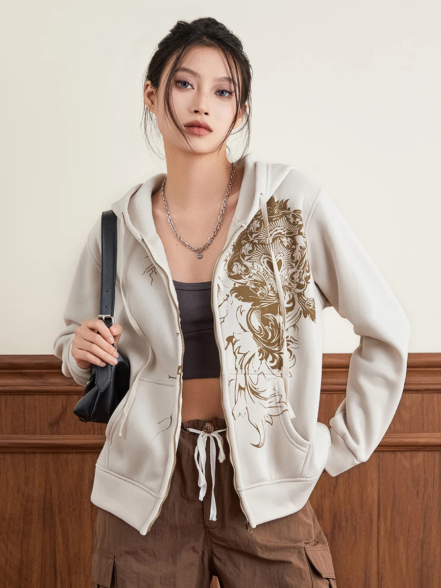Hirigin Women's Hoodie Vintage Graphic Print Zip Front Sweatshirt