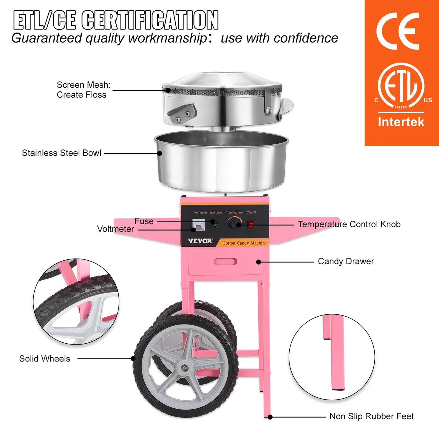 SucceBuy Cotton Candy Machine With Cart 1000W Commercial