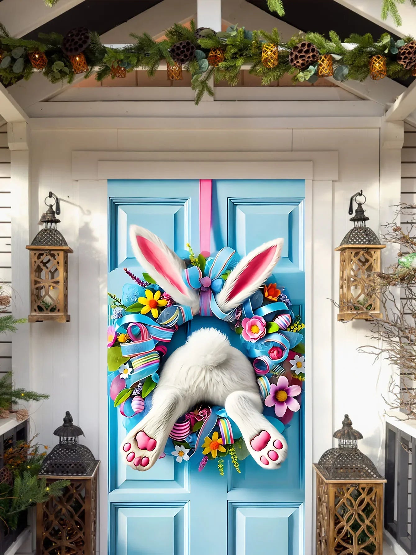 Easter Plush Rabbit Wreath With Colored Ribbon Door Decoration