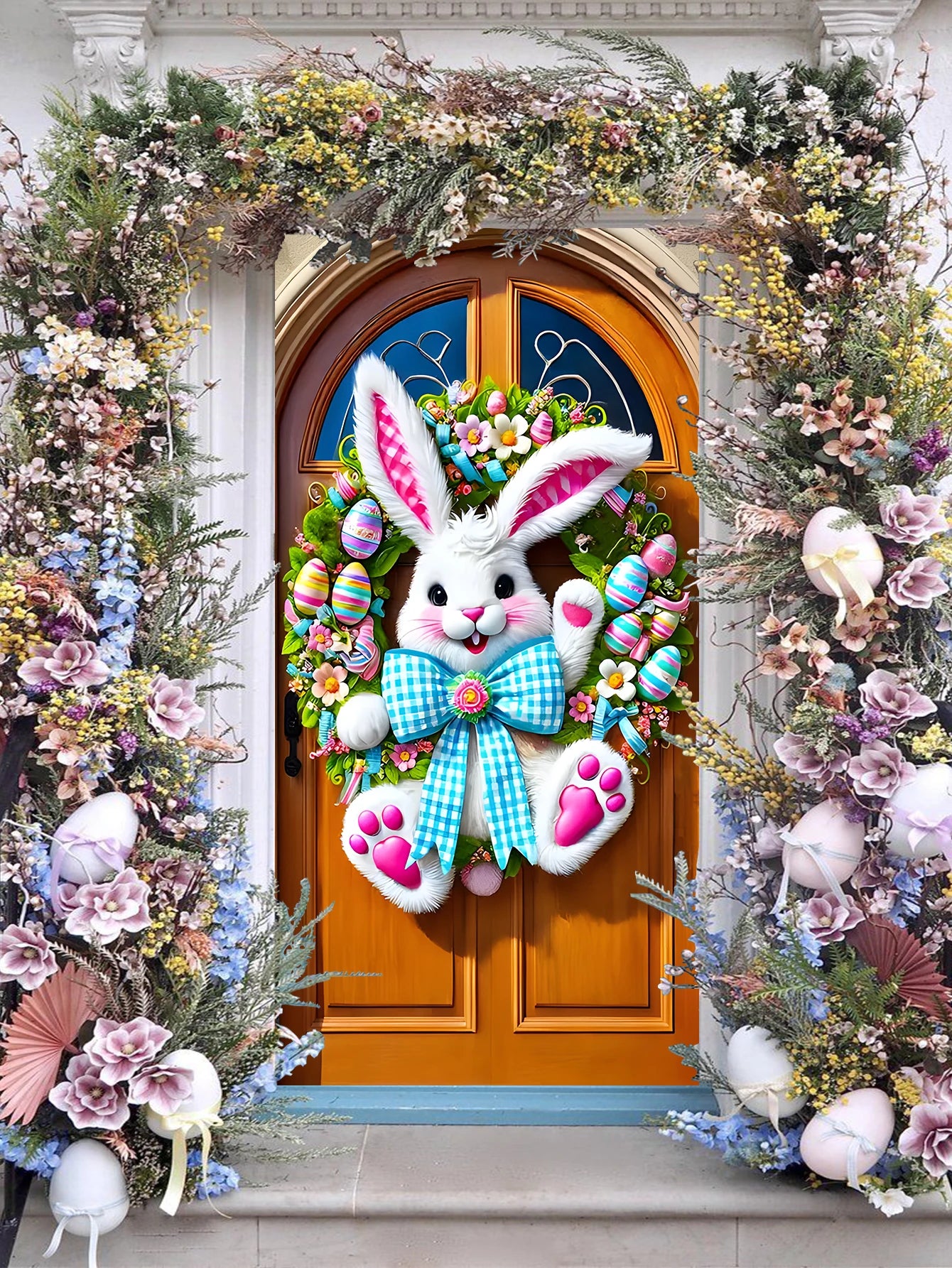 Easter Plush Rabbit Wreath With Colored Ribbon Door Decoration