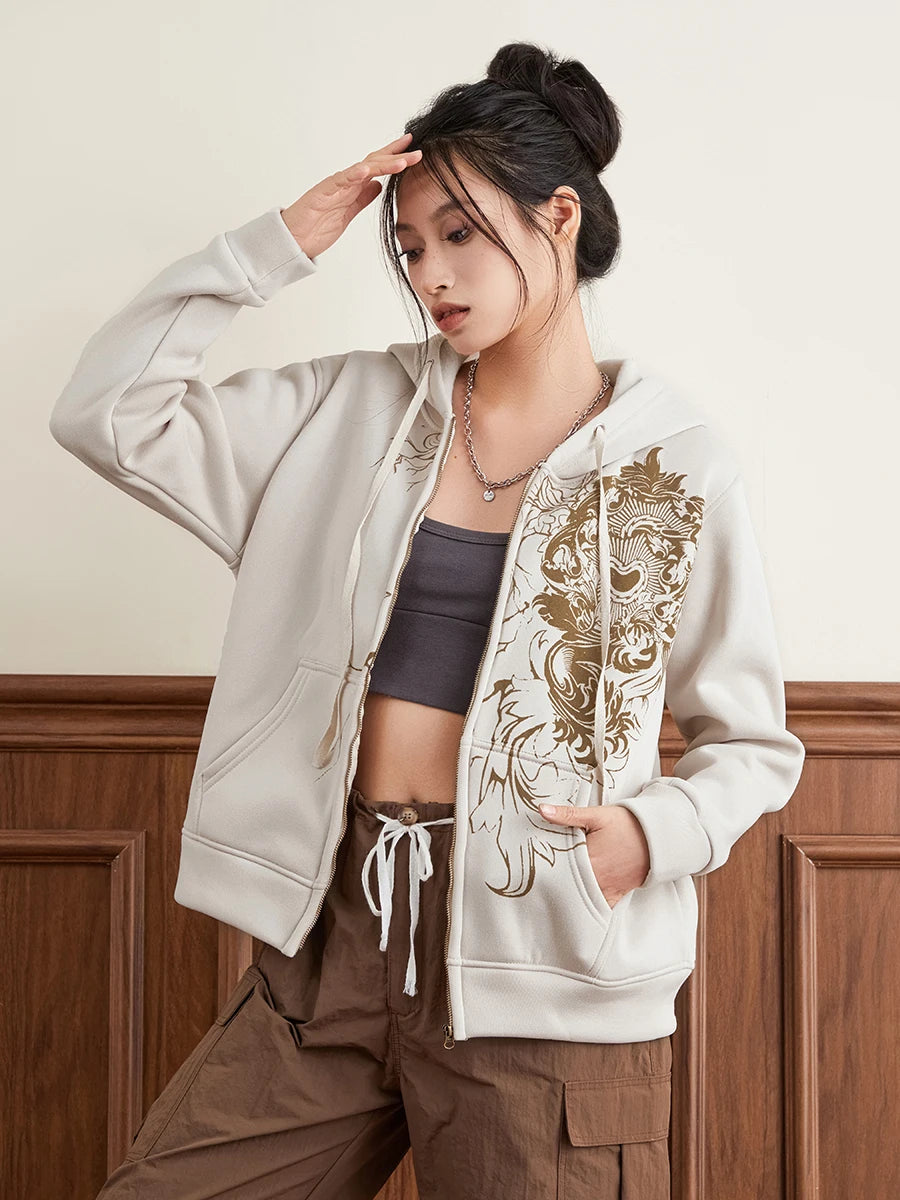 Hirigin Women's Hoodie Vintage Graphic Print Zip Front Sweatshirt