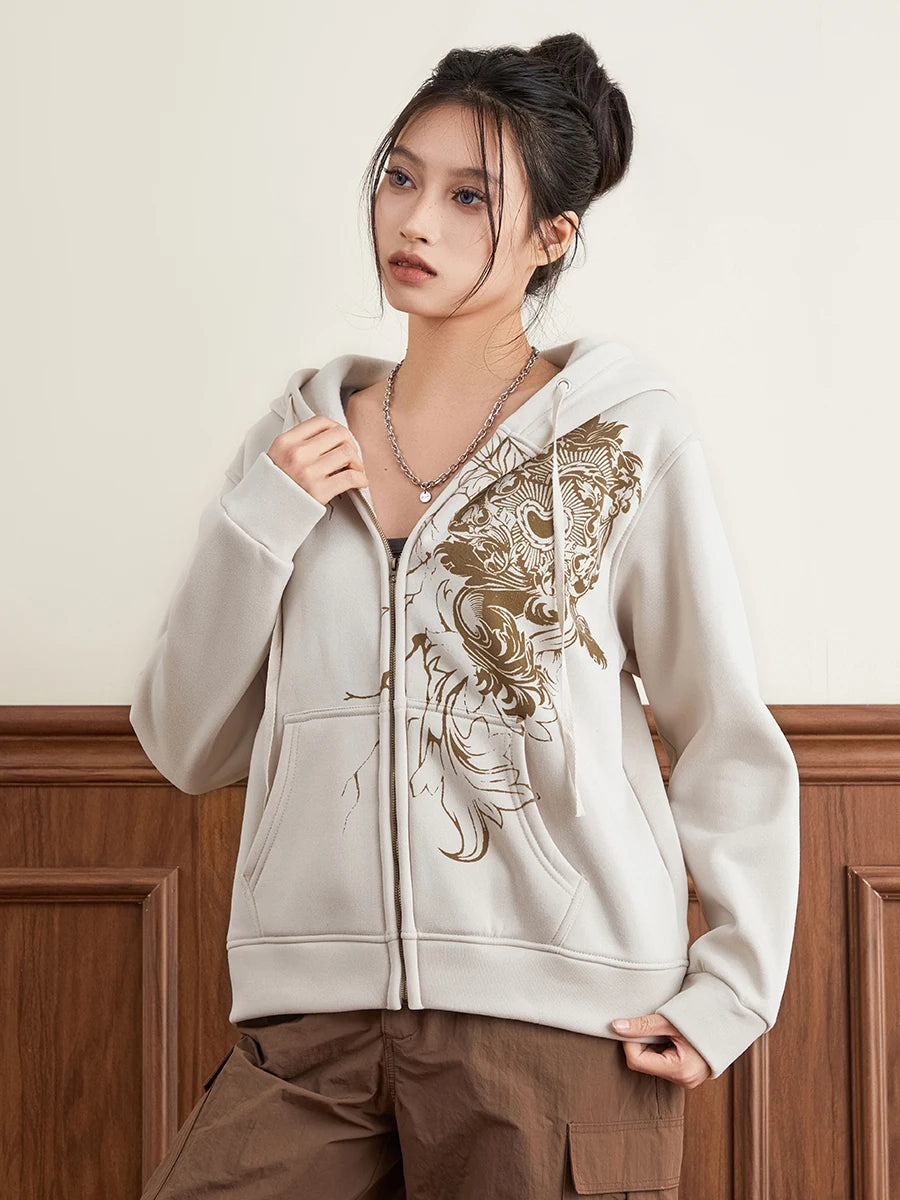 Hirigin Women's Hoodie Vintage Graphic Print Zip Front Sweatshirt
