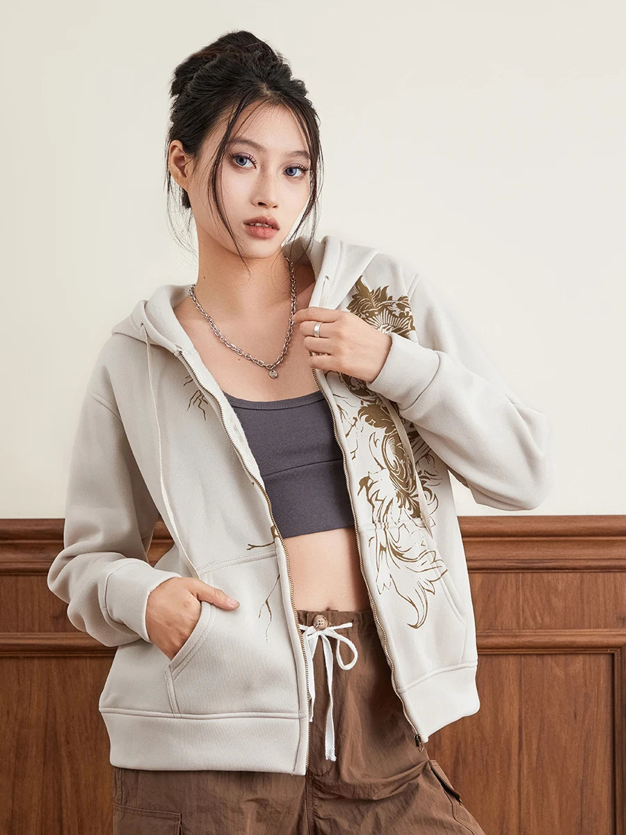 Hirigin Women's Hoodie Vintage Graphic Print Zip Front Sweatshirt