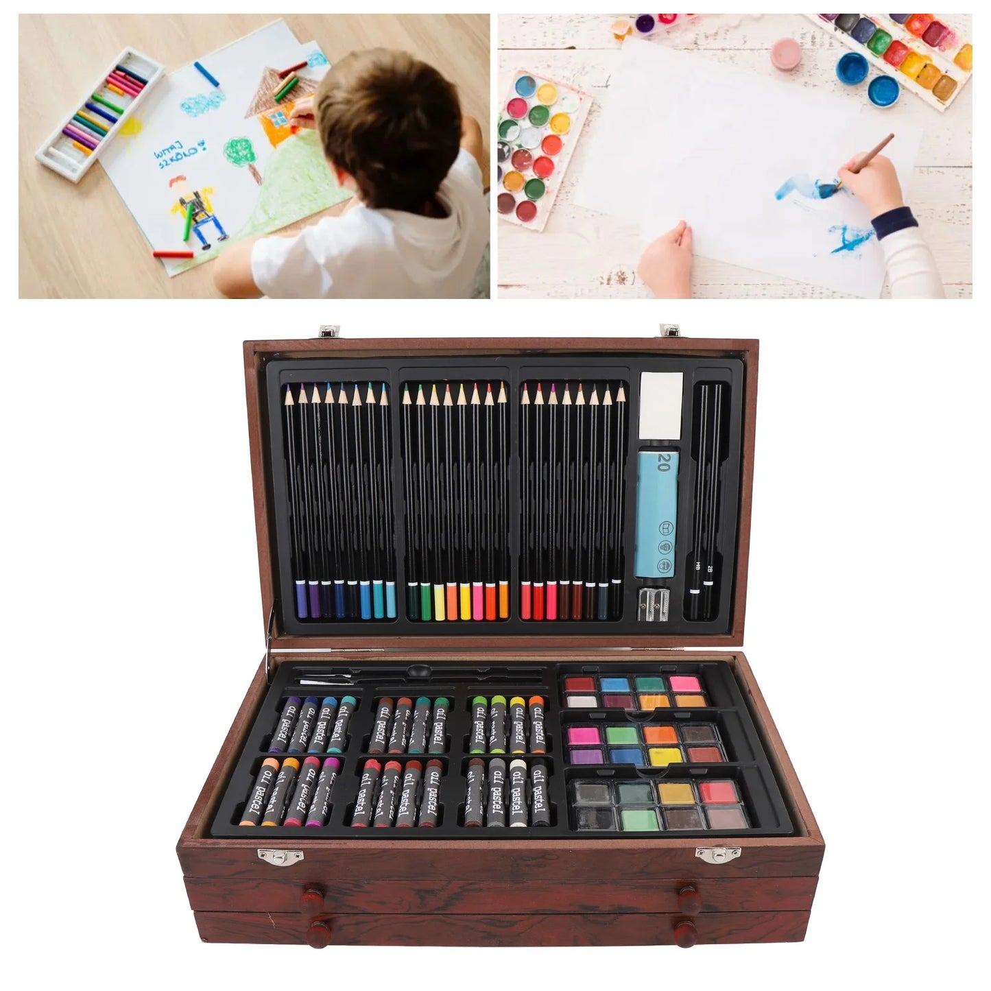 Hignconcerned 142Pcs Wooden Art Set With Pencils Paints