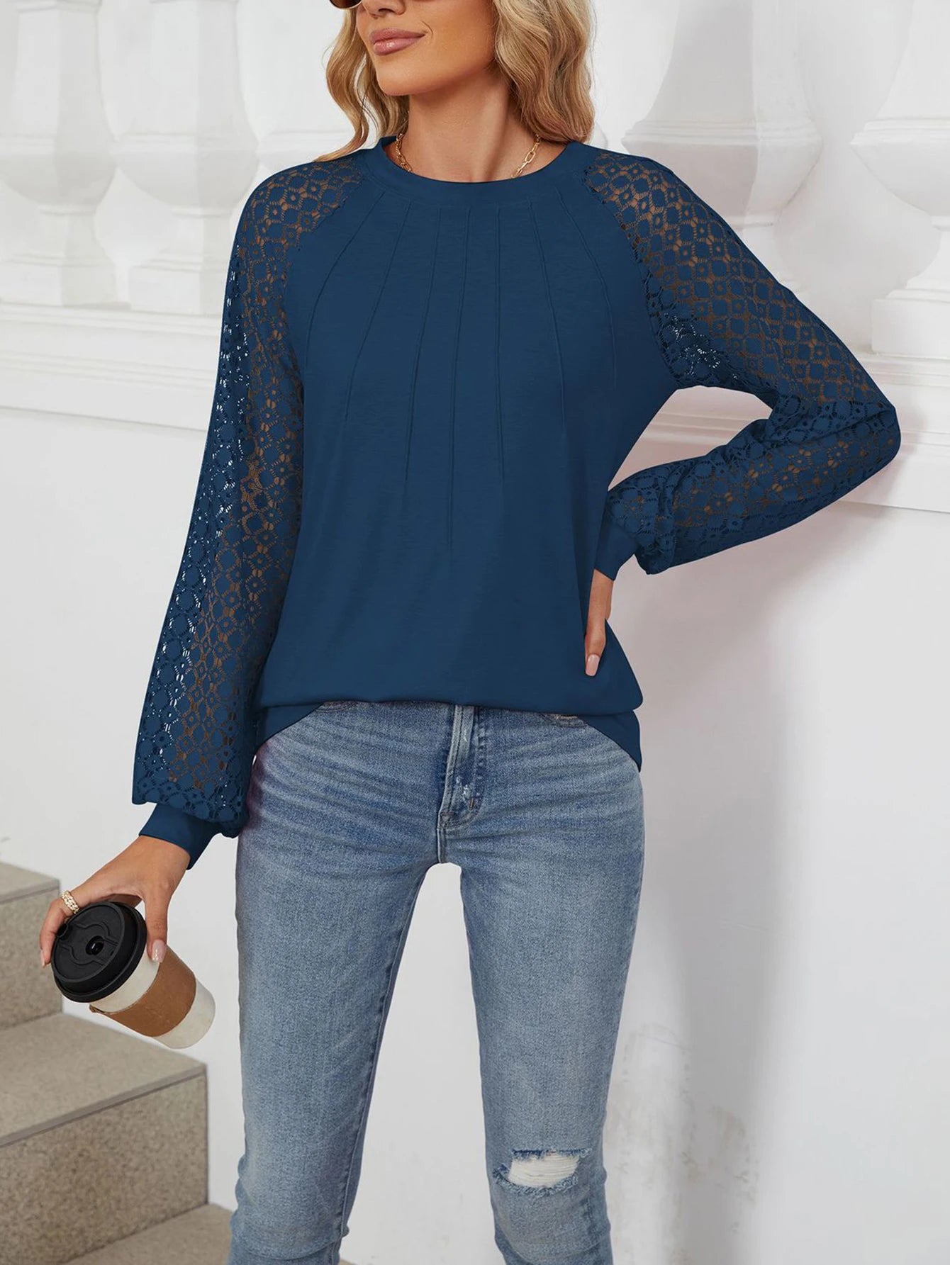 Guangdong Lantern Sleeve Lace Top With Round Neck Long Sleeve