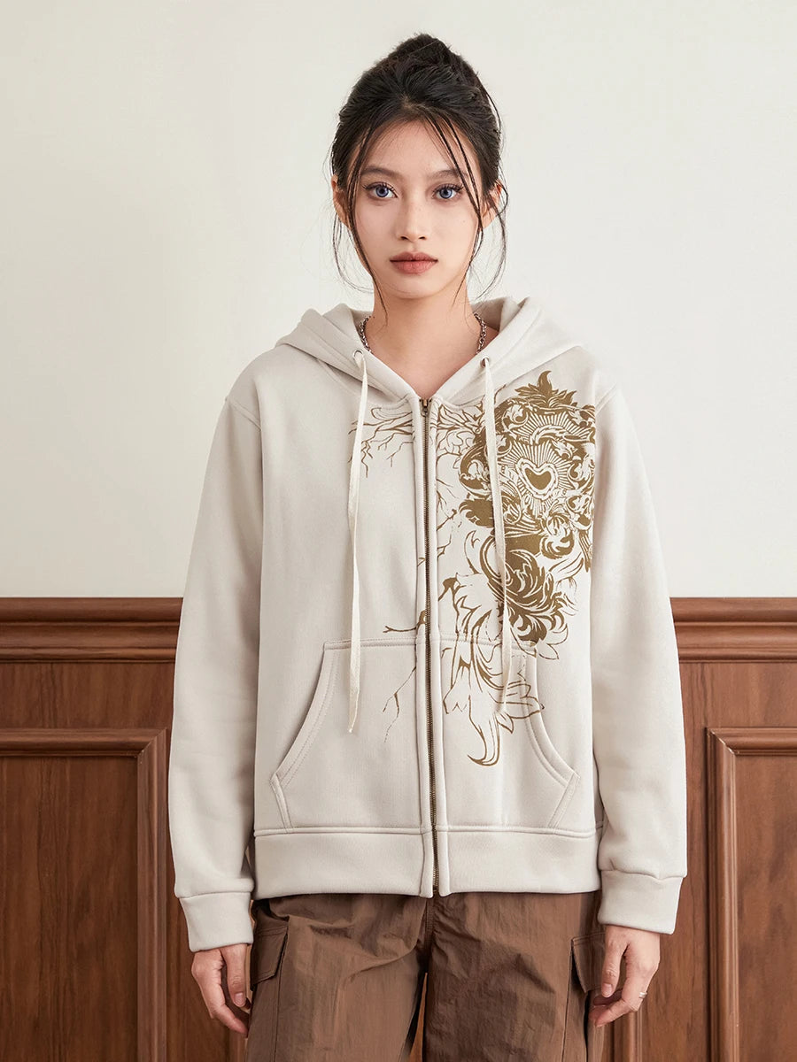 Hirigin Women's Hoodie Vintage Graphic Print Zip Front Sweatshirt