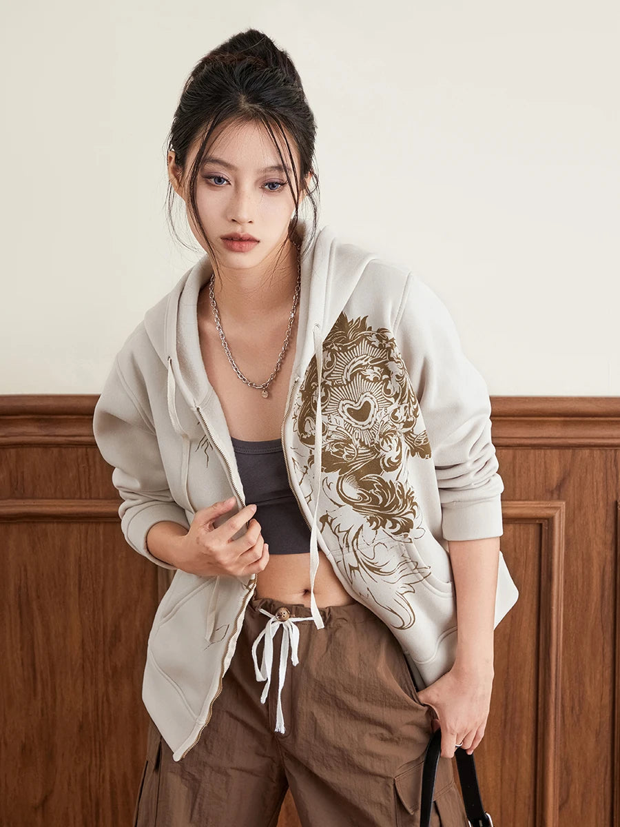 Hirigin Women's Hoodie Vintage Graphic Print Zip Front Sweatshirt