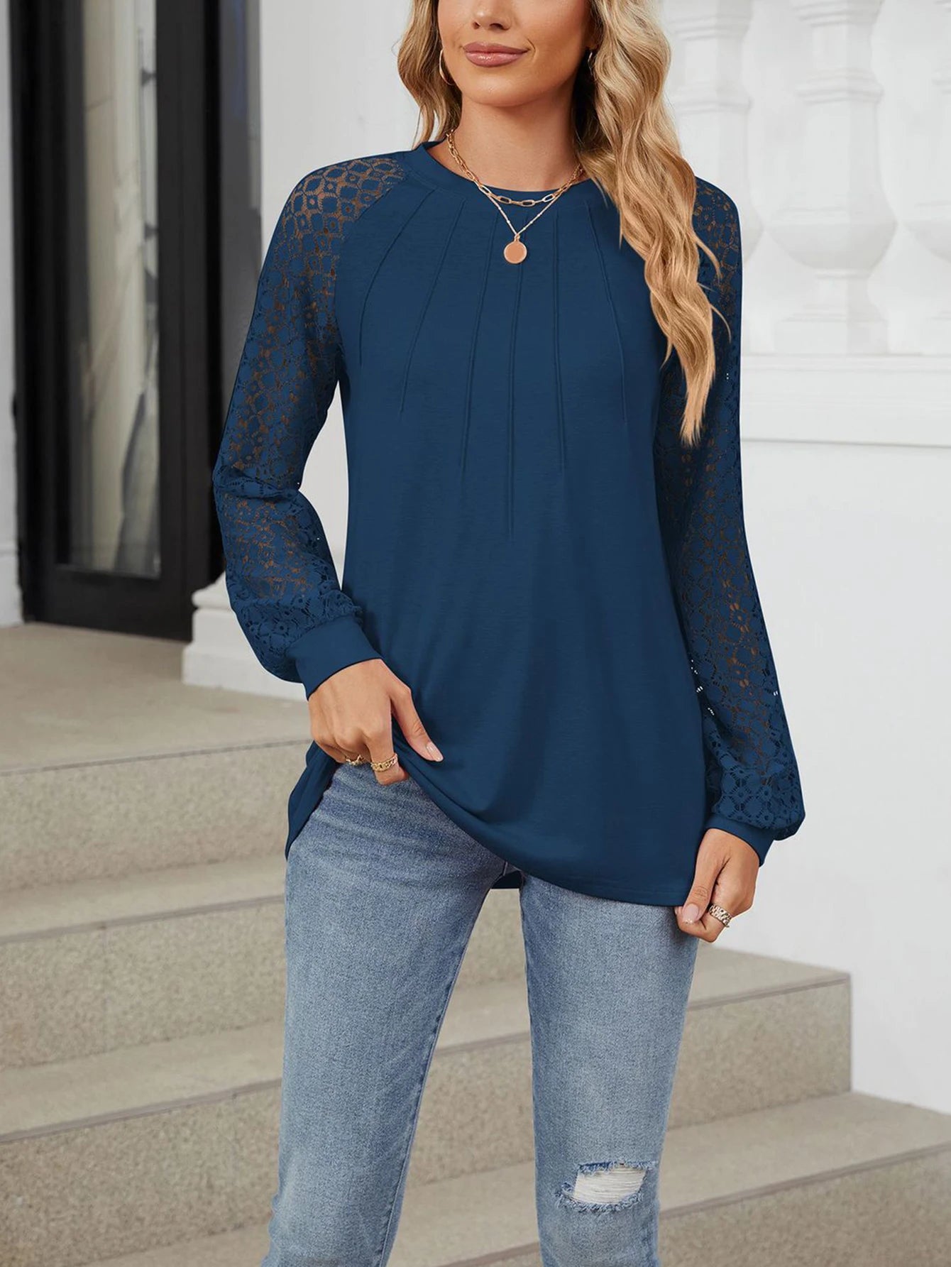 Guangdong Lantern Sleeve Lace Top With Round Neck Long Sleeve