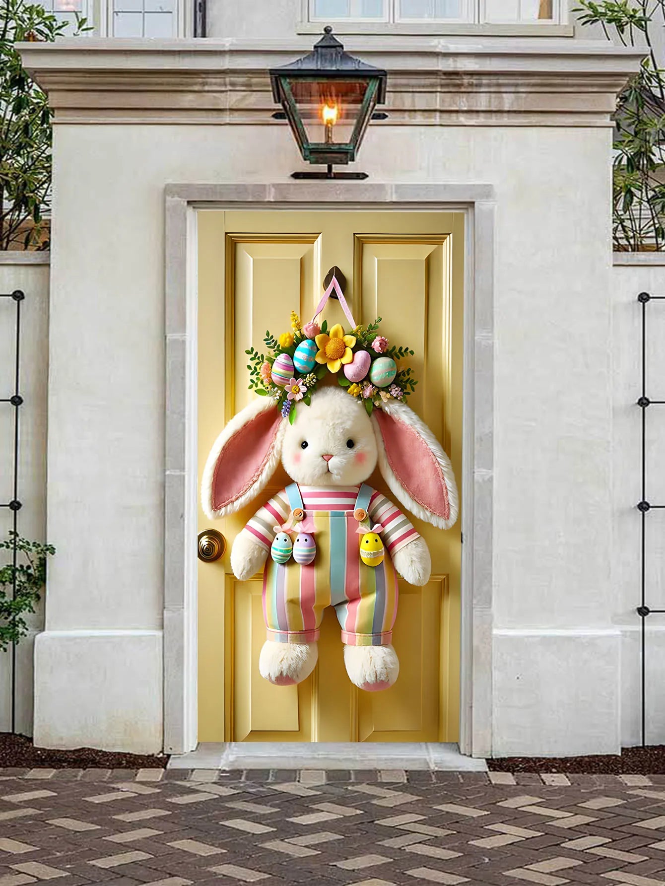 Easter Plush Rabbit Wreath With Colored Ribbon Door Decoration