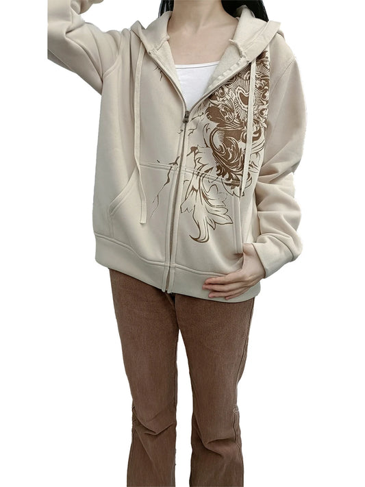 Hirigin Women's Hoodie Vintage Graphic Print Zip Front Sweatshirt