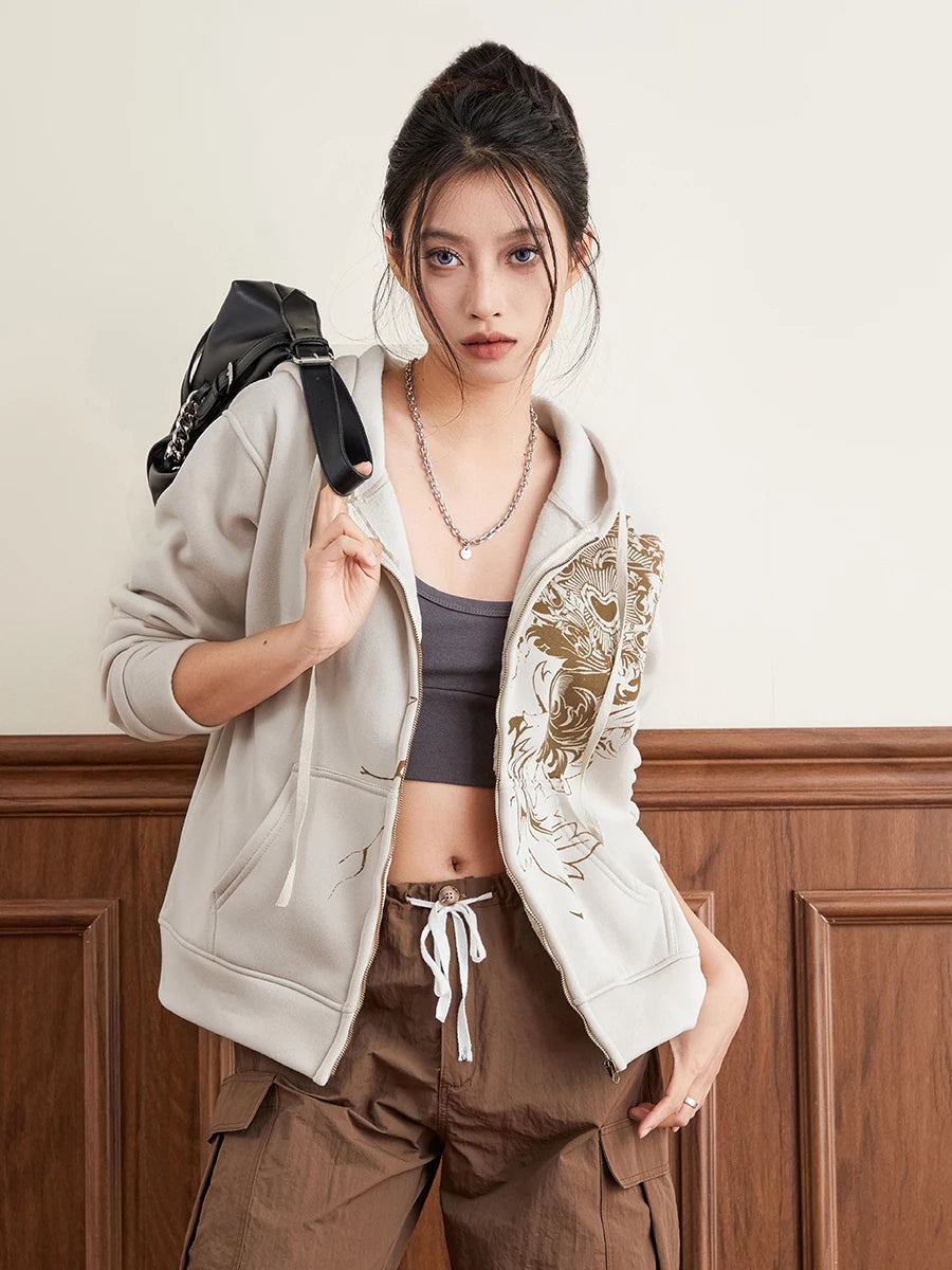 Hirigin Women's Hoodie Vintage Graphic Print Zip Front Sweatshirt