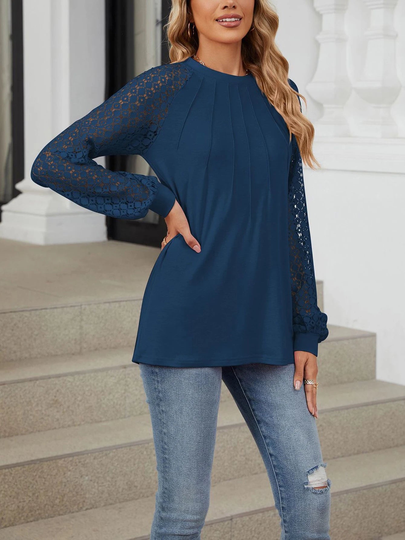 Guangdong Lantern Sleeve Lace Top With Round Neck Long Sleeve
