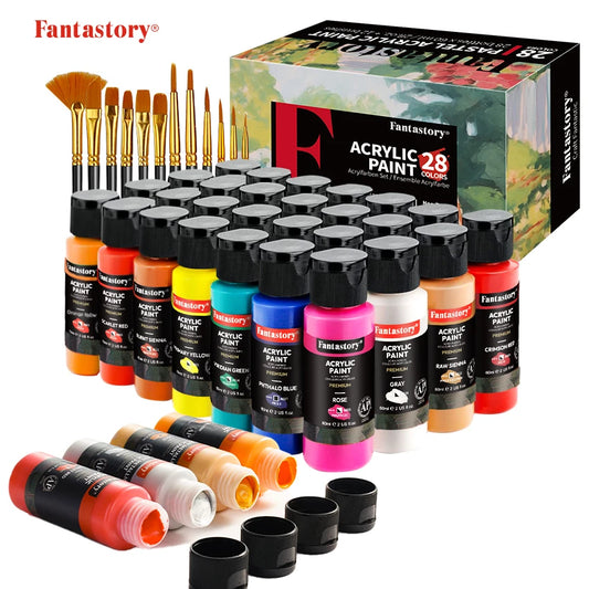Fantastory 28 Colors Acrylic Paint Set With 12 Brushes