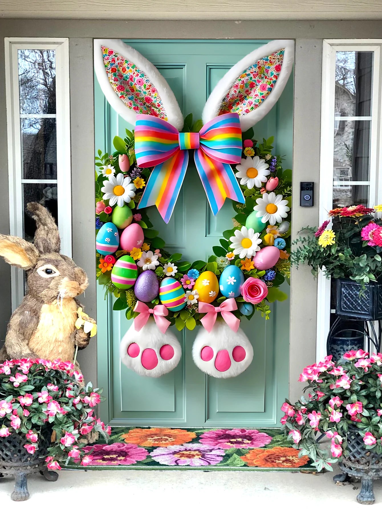 Easter Plush Rabbit Wreath With Colored Ribbon Door Decoration
