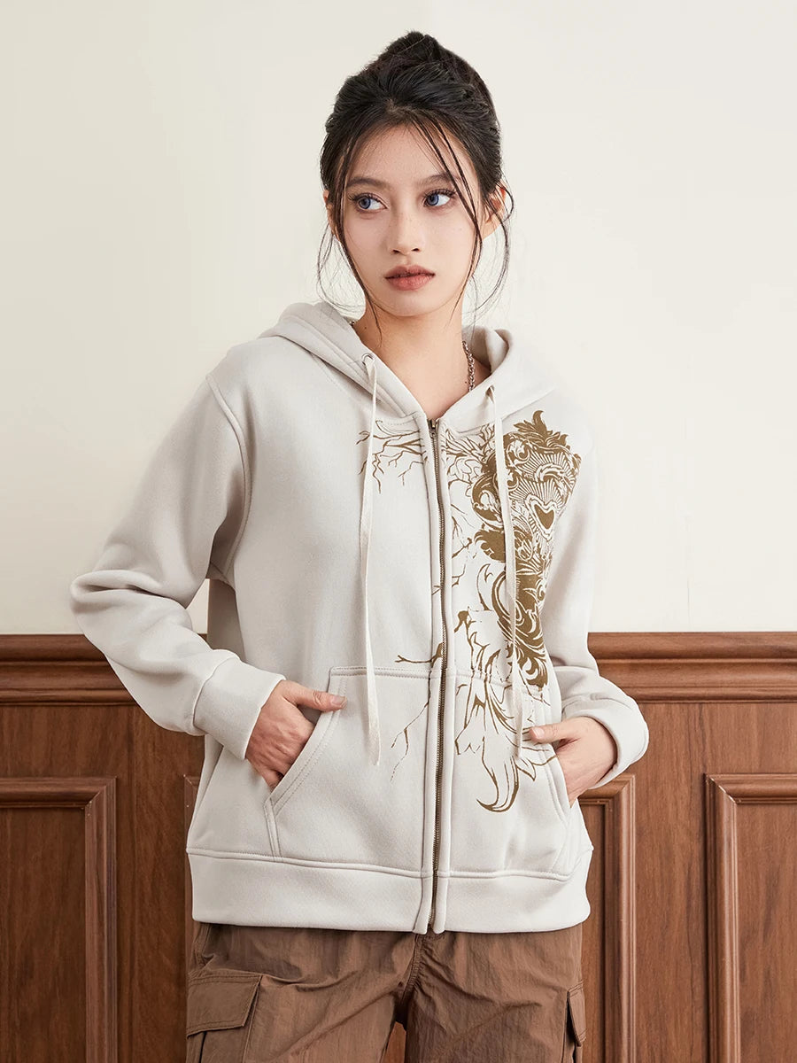 Hirigin Women's Hoodie Vintage Graphic Print Zip Front Sweatshirt