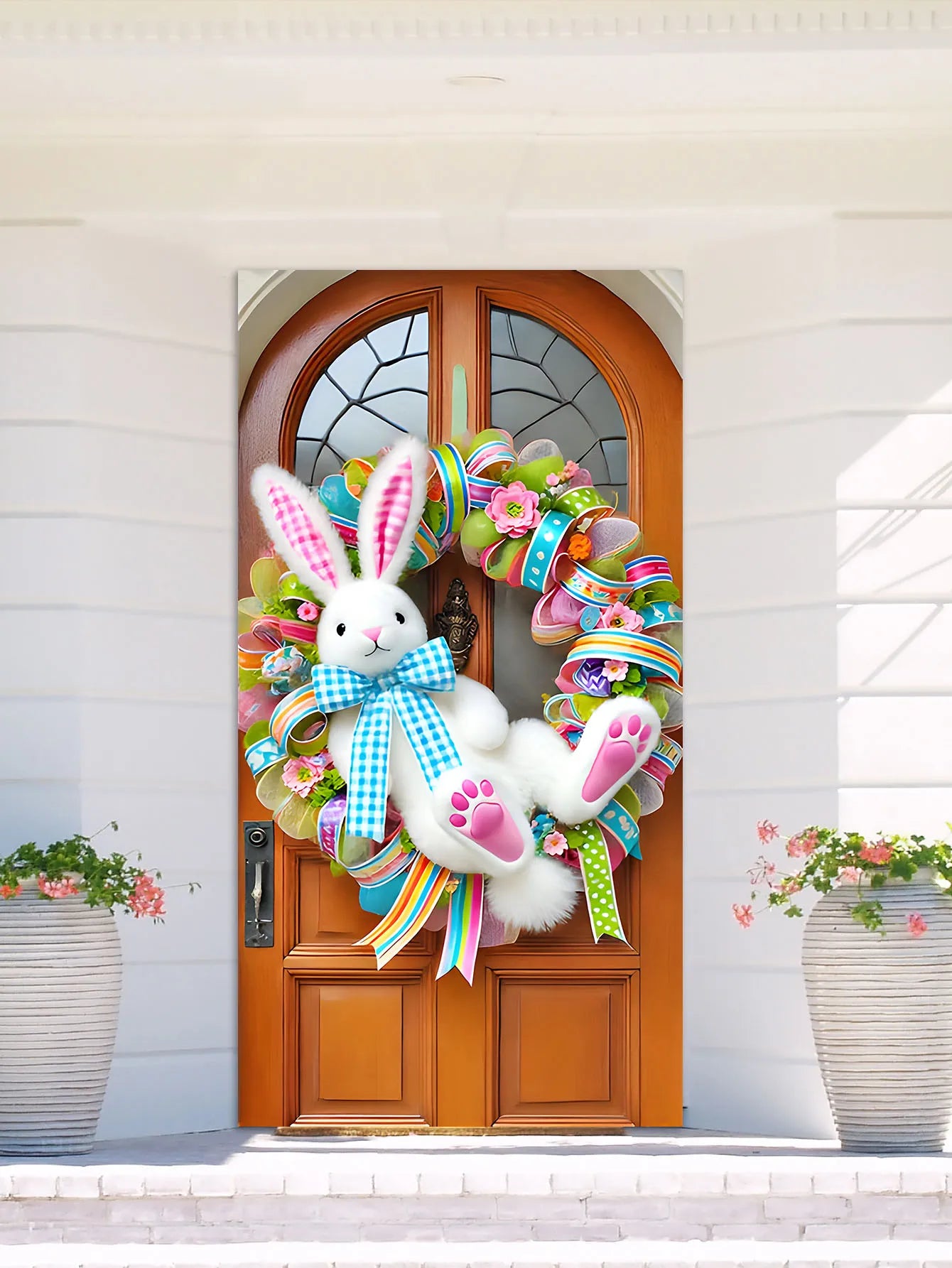 Easter Plush Rabbit Wreath With Colored Ribbon Door Decoration