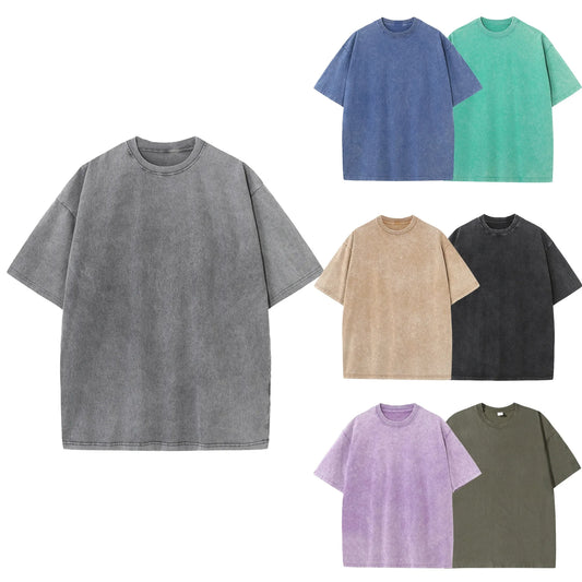 Men's Summer Pure Cotton Distressed Retro Drop Shoulder T-shirt Solid Color Loose Casual Breathable Men's Casual T-shirt Tops