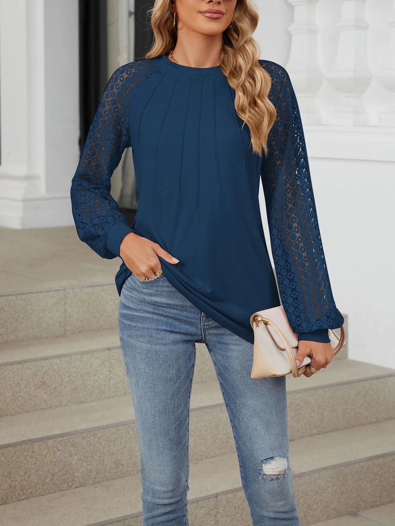 Guangdong Lantern Sleeve Lace Top With Round Neck Long Sleeve