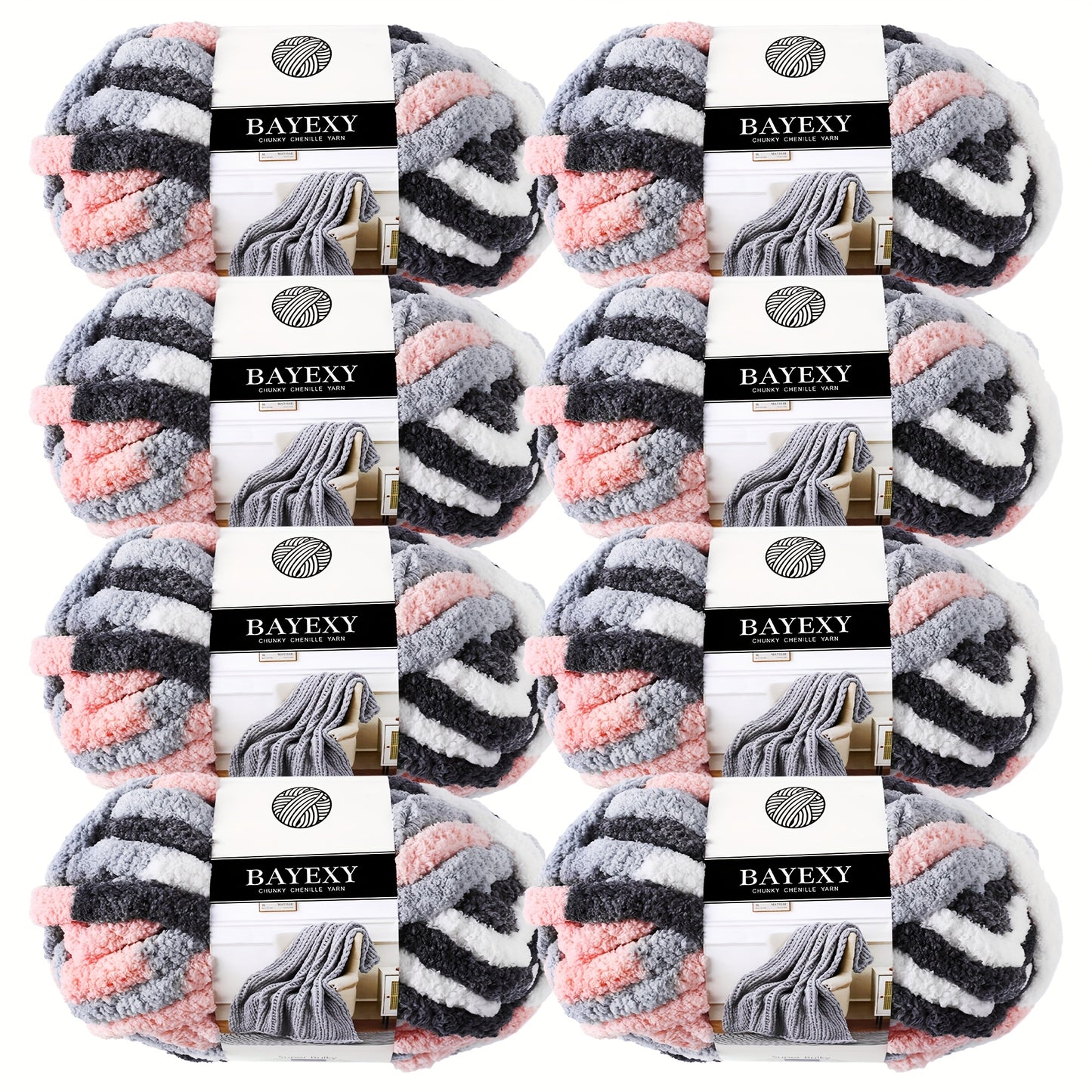 BAYEXY Chunky Chenille Yarn 8 Pack For Hand Knitting And Crocheting