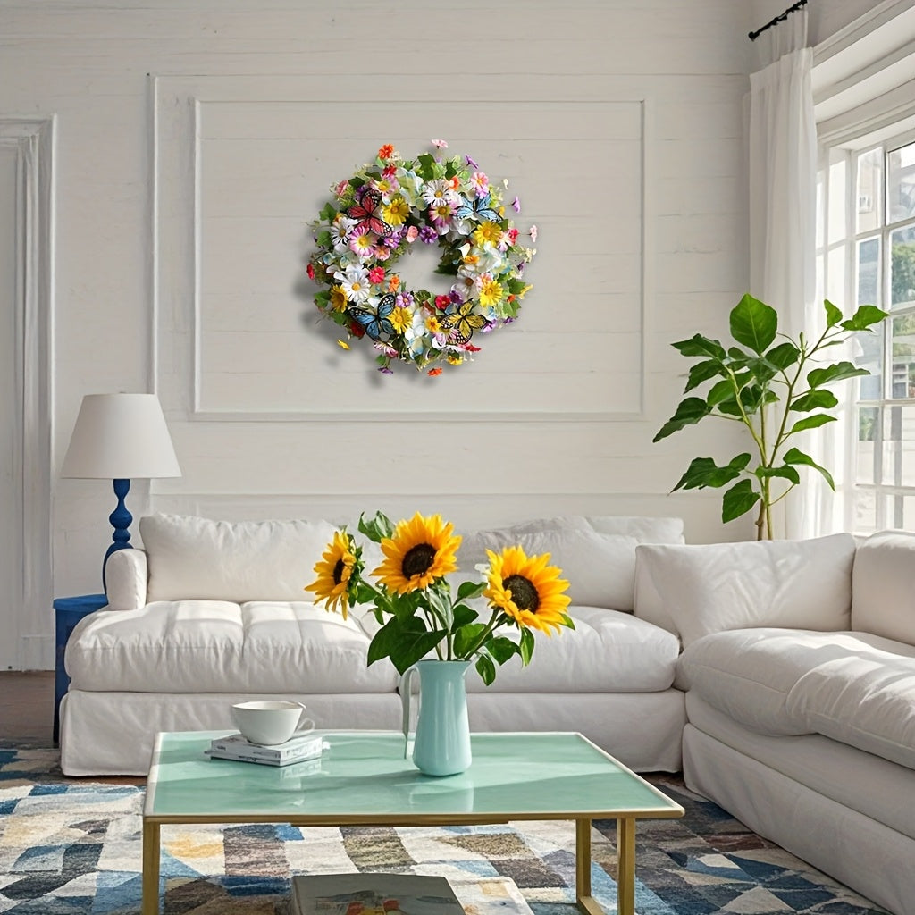 Artificial Daisy And Hydrangea Wreath With Butterflies Front Door Decor