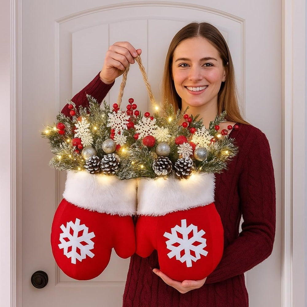 Luckcia Christmas Mitten Wreath With LED Lights Timer