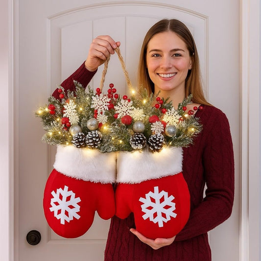 Luckcia Christmas Mitten Wreath With LED Lights Timer