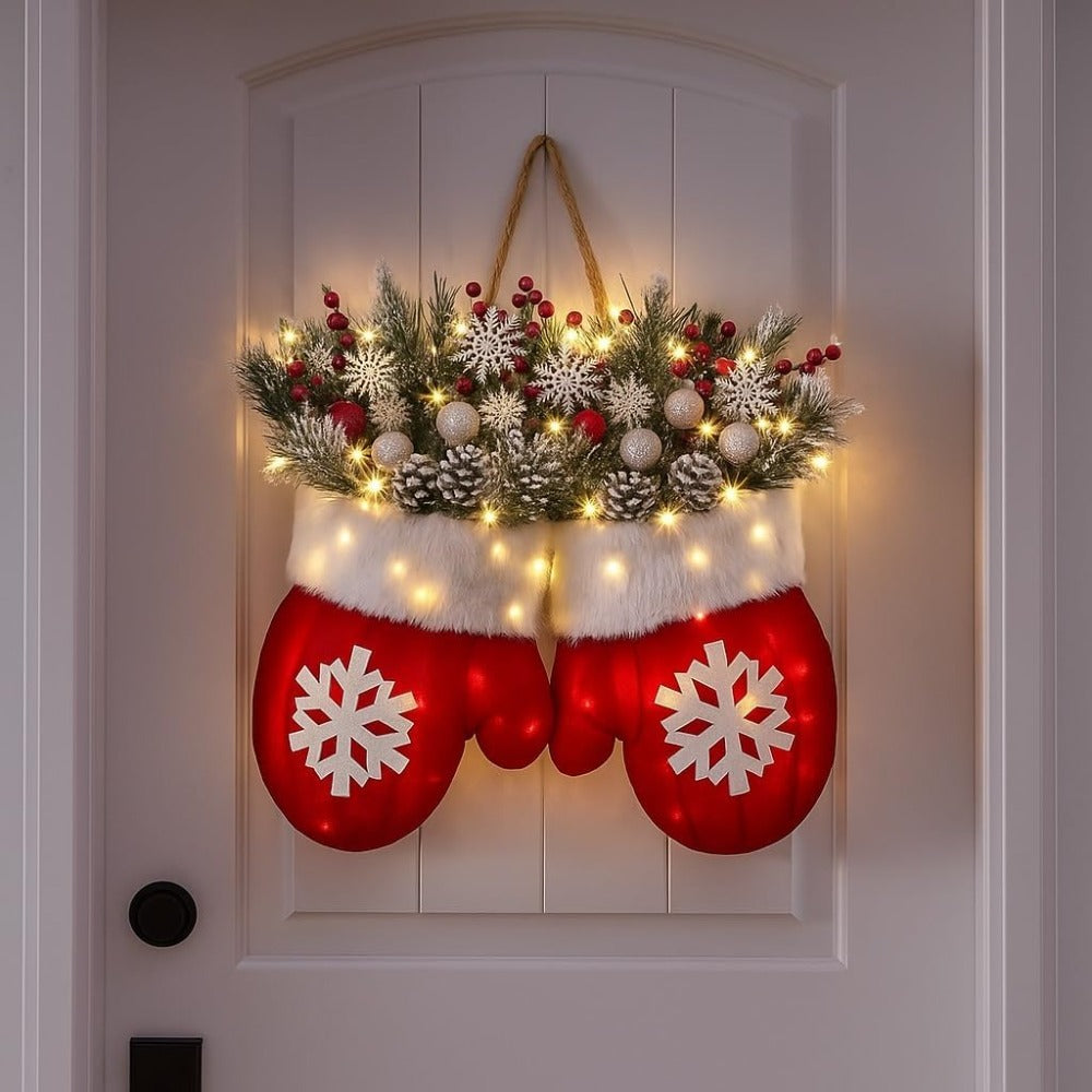 Luckcia Christmas Mitten Wreath With LED Lights Timer