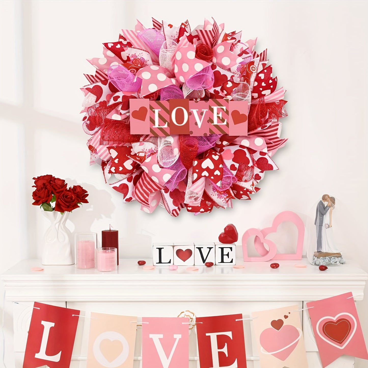 Love Valentines Mesh Wreath Front Door Indoor Outdoor