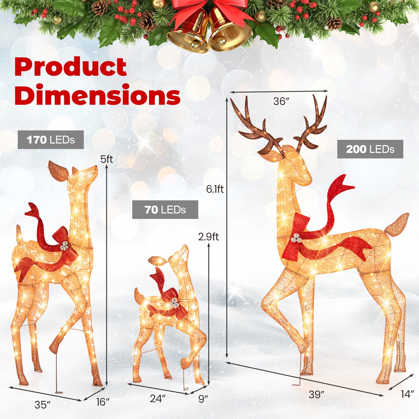 COSTWAY 3 Piece Deer Family Christmas Lighted Reindeer Set