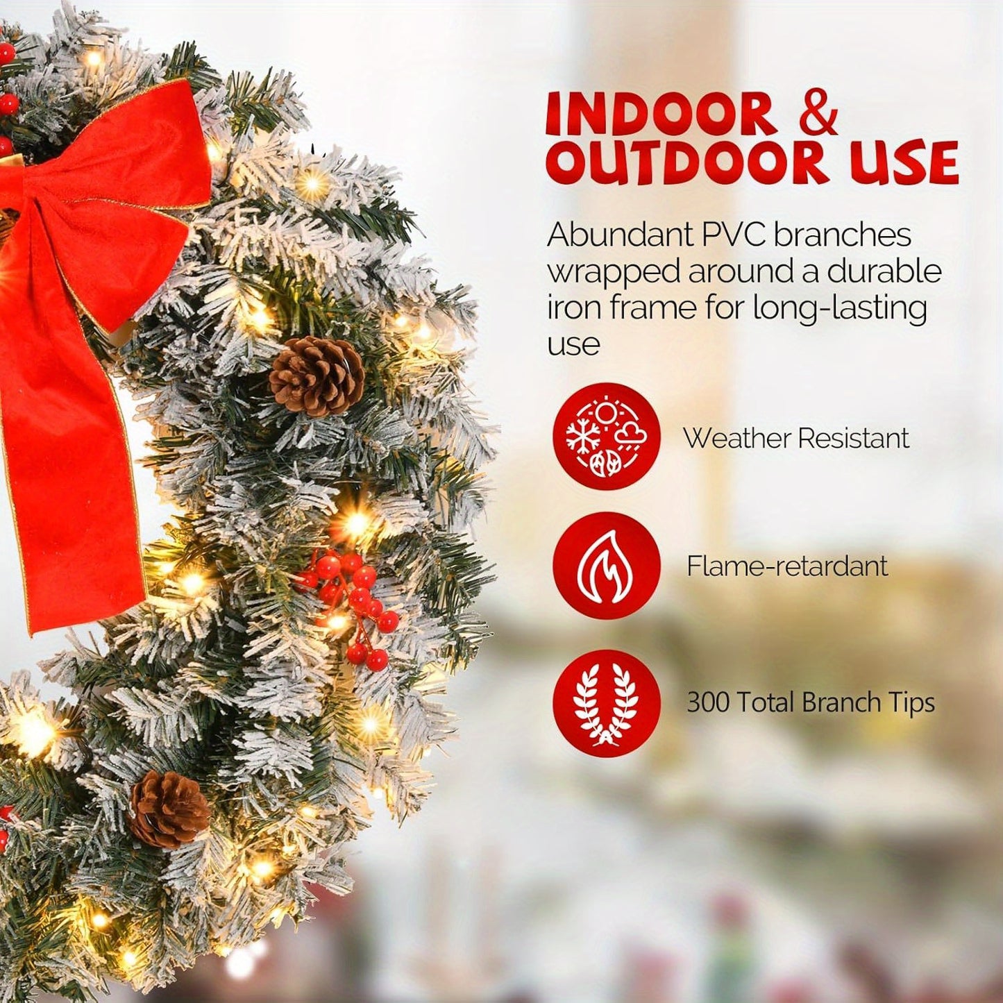 LEADZM Prelit Christmas Wreath 100 LED Lights Modern Decor
